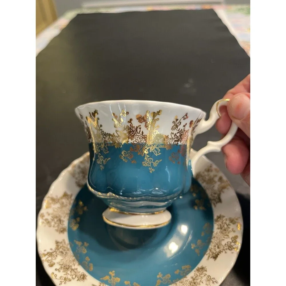 Royal Albert Regal Series Teal Blue w Gold Accents Tea Cup & Saucer Set England